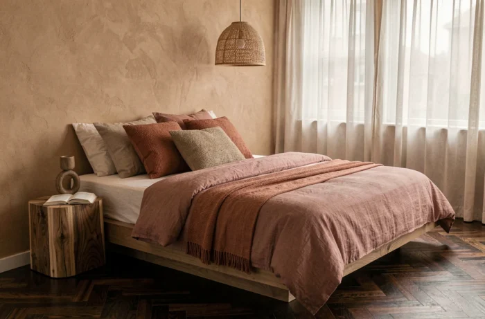 Chambre à coucher minimaliste inspirée du style japonais avec lit en lin rose poussiéreux, lampe en rotin et chevets en noyer