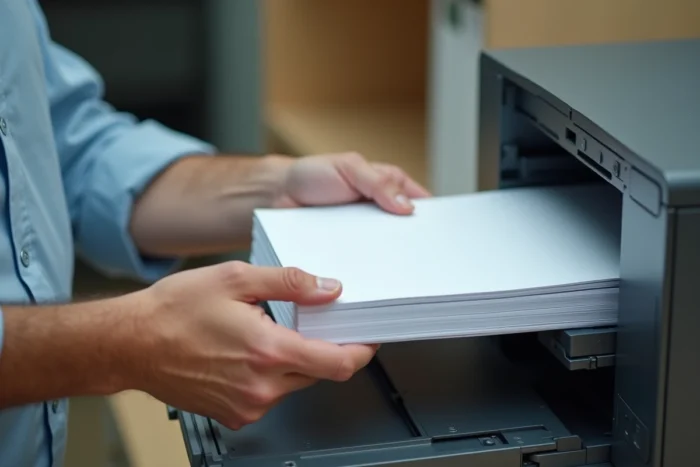 Chargement du bac à papier d'une imprimante laser couleur compacte par un professionnel en chemise bleue
