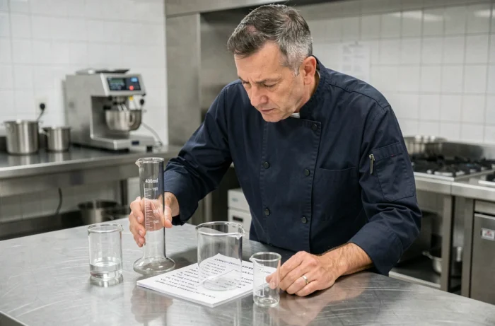 Chef cuisinier comparant un cylindre gradué de 400 ml à des verres mesureurs en centilitres sur une table de cuisine professionnelle
