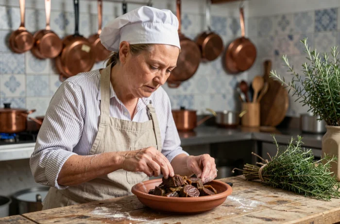 Cheffe cuisinière dressant un plat de bœuf braisé dans un bol en terre cuite au sein d'une cuisine traditionnelle avec des casseroles en cuivre et des herbes fraîches