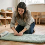 Femme déployant un sac de couchage sieste maternelle sur le sol d'une salle de classe