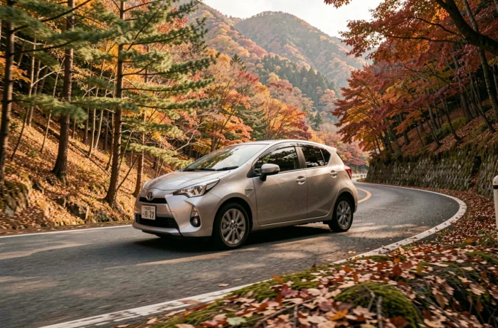 Citadine japonaise fiable et durable roulant sur une route de montagne en automne entourée de feuillage coloré
