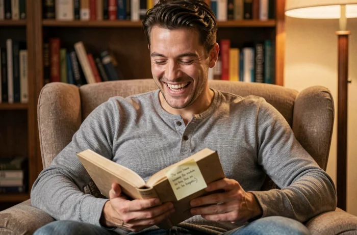 Homme amusé lisant un livre avec une citation détournée sur un post-it, illustrant l'humour d'une bio Tinder créative