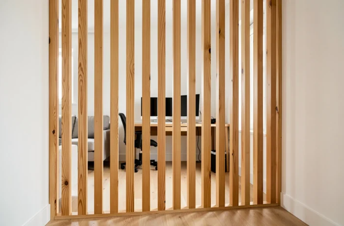 Claustra en tasseaux de bois verticaux séparant un coin bureau d'un salon sans cloisonner l'espace dans un appartement lumineux