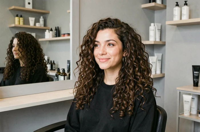 Cliente souriante avec des boucles 4A bien définies dans le salon spécialisé cheveux bouclés Thomas Tuccinardi à Lyon