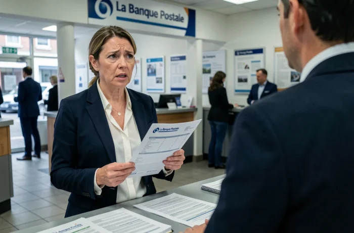Cliente signalant un débit inconnu à un conseiller de la Banque Postale en agence avec un relevé de compte en main