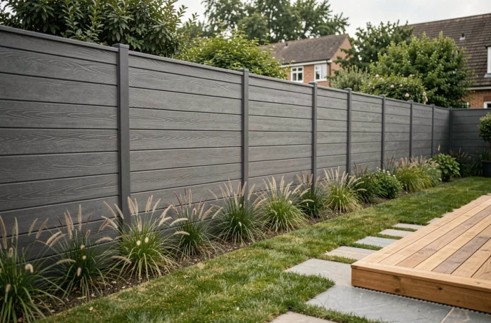 Clôture de jardin en composite gris anthracite installée le long d'une pelouse soignée avec allée en pierre et terrasse en bois