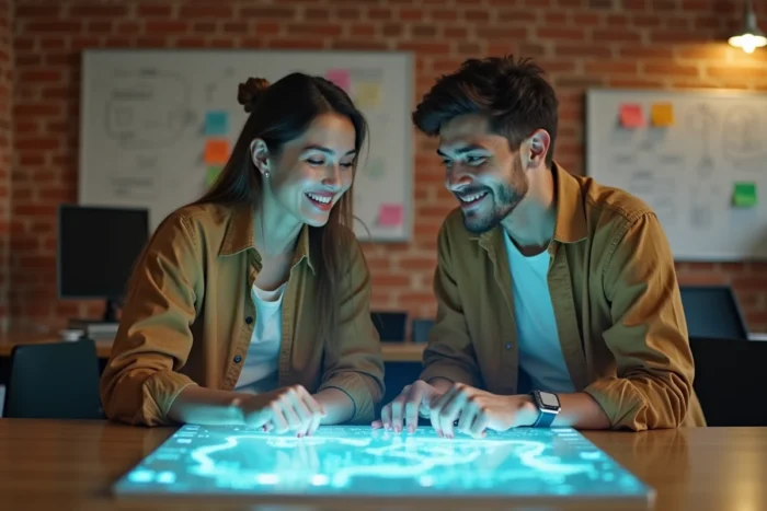 Deux jeunes professionnels collaborant autour d'un prototype d'affichage holographique dans un laboratoire d'innovation