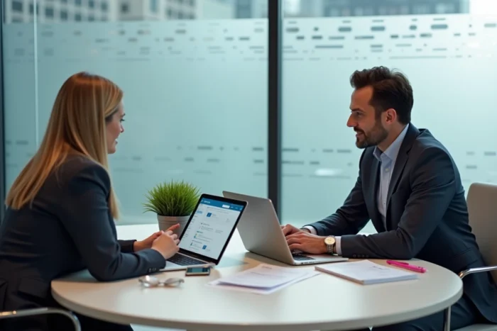 Deux professionnels B2B collaborant autour d'un ordinateur portable avec LinkedIn Sales Navigator pour qualifier des prospects en salle de réunion