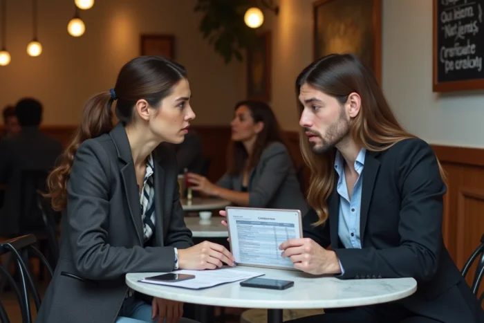 Deux collègues discutant des pièges à éviter avant de s'inscrire au certificat LVMH autour d'un café avec des documents comparatifs