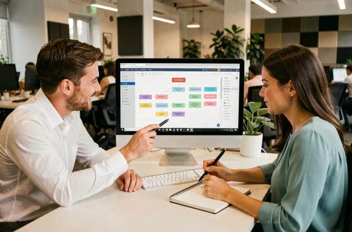 Deux collègues explorant le plan de navigation du site Mes Rêves ensemble dans un bureau en open space