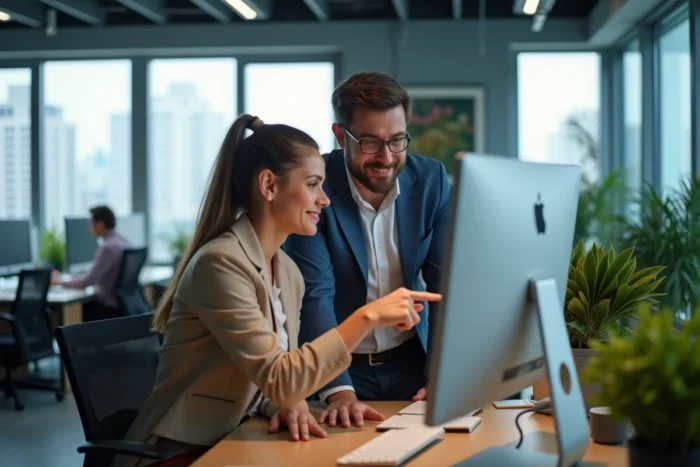 Deux collègues recherchant ensemble la nouvelle adresse d'un site internet sur un ordinateur de bureau en open space