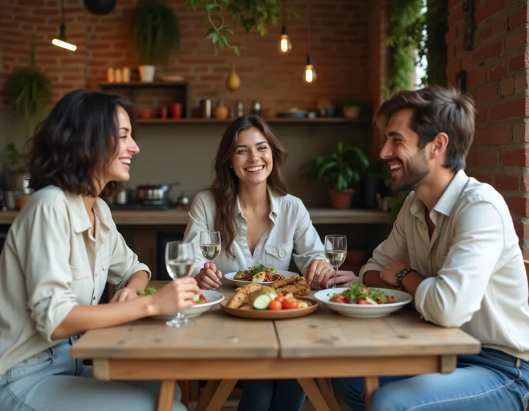 Trois colocataires partageant un repas convivial dans un appartement au style méditerranéen à Barcelone