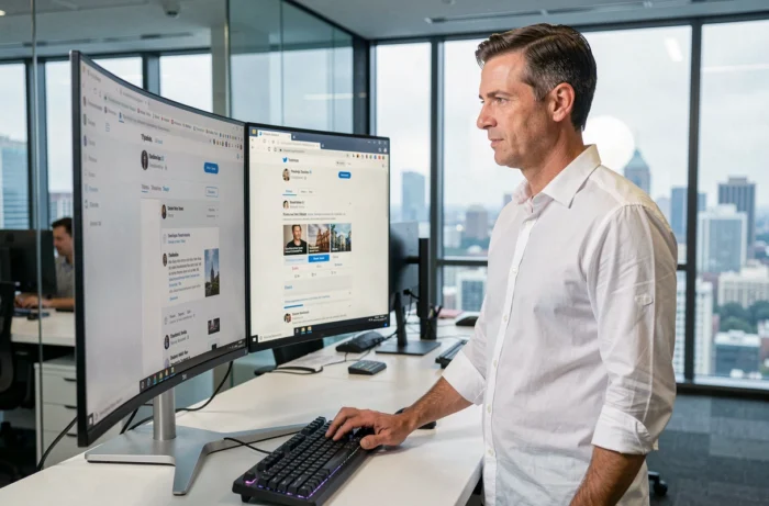 Professionnel comparant des alternatives à Nitter sur un grand écran dans un bureau tech