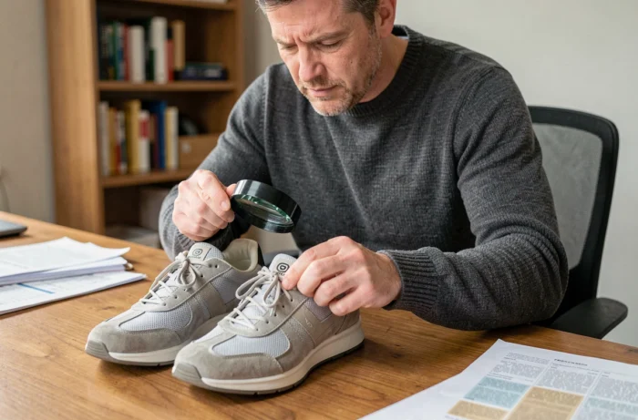 Homme comparant deux paires de sneakers côte à côte avec une loupe pour identifier une contrefaçon à domicile