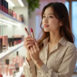 Jeune femme comparant des rouges à lèvres Kiko dans un magasin de cosmétiques