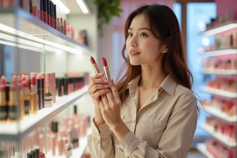 Jeune femme comparant des rouges à lèvres Kiko dans un magasin de cosmétiques