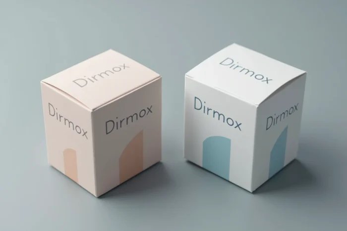 Comparaison côte à côte des boîtes de médicaments Zetmir et Dirmox sur fond gris, illustrant la transformation visuelle et commerciale du produit