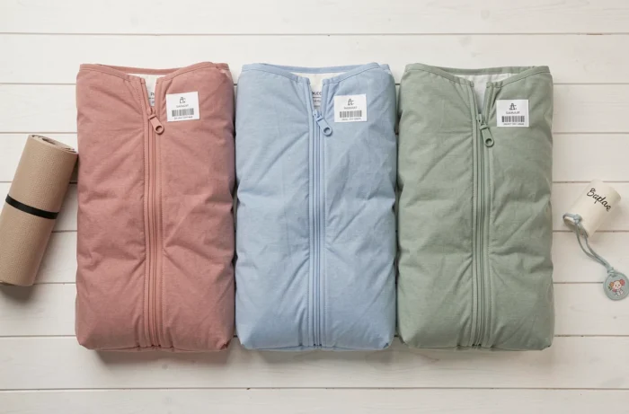 Comparaison de trois sacs de couchage sieste maternelle de couleurs différentes en vue à plat