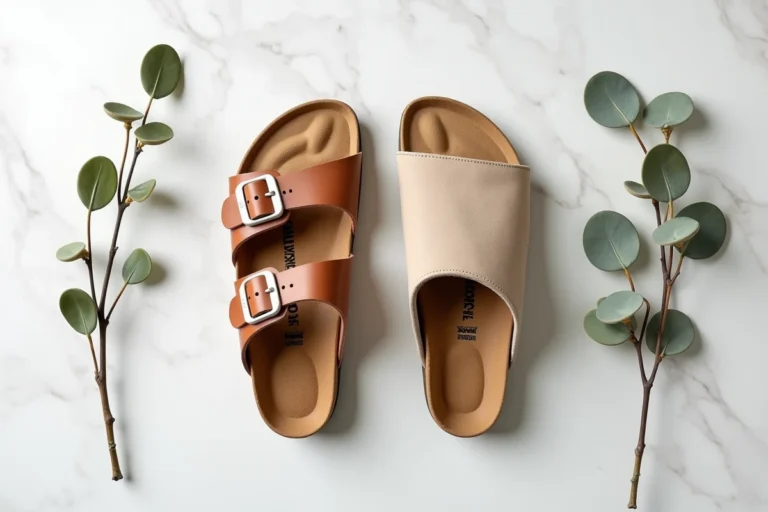 Comparatif côte à côte entre une sandale Birkenstock à semelle liège et une chaussure Scholl à semelle moulée sur fond marbre blanc