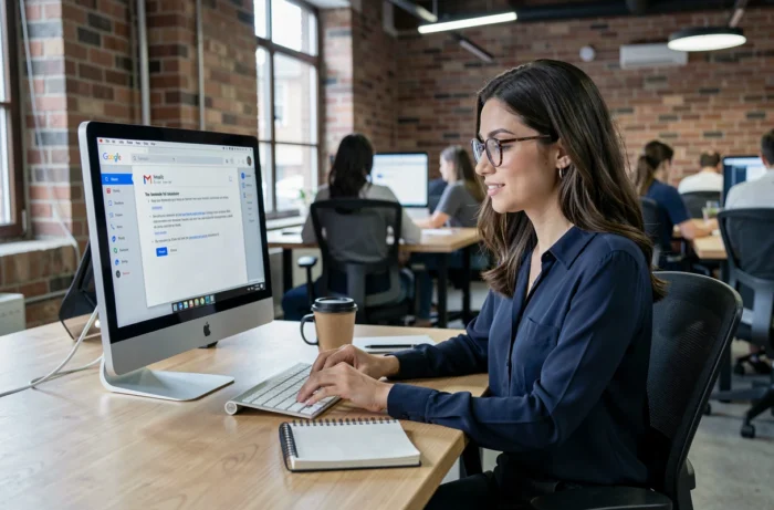 Femme configurant un compte email IONOS sur Gmail dans un espace de coworking avec un Mac