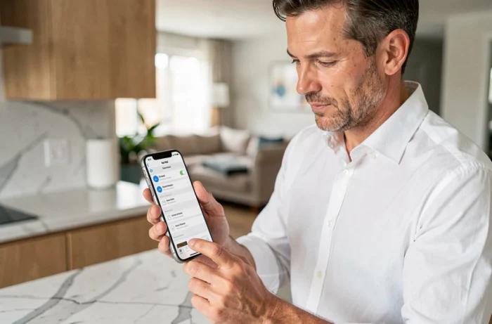 Homme configurant sa messagerie IONOS sur Apple Mail depuis un iPhone dans une cuisine moderne