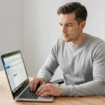 Homme configurant sa messagerie IONOS dans Outlook sur un ordinateur portable dans un bureau à domicile moderne