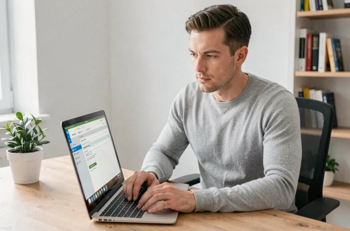 Homme configurant sa messagerie IONOS dans Outlook sur un ordinateur portable dans un bureau à domicile moderne