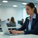 Enseignante de l'académie d'Amiens se connectant à l'intranet AC Amiens sur un ordinateur portable dans un bureau administratif moderne