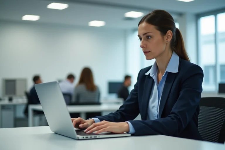 Enseignante de l'académie d'Amiens se connectant à l'intranet AC Amiens sur un ordinateur portable dans un bureau administratif moderne