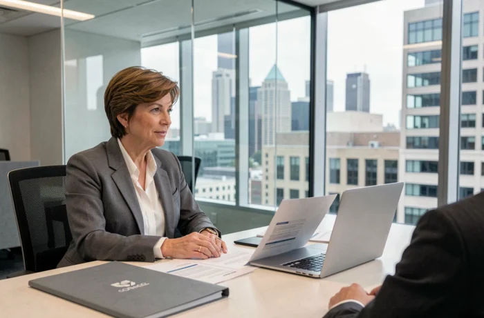 Femme discutant de stratégie d'investissement boursier avec un conseiller financier en bureau bancaire