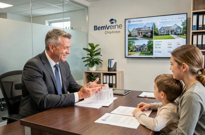 Conseiller immobilier présentant des biens à une famille dans une agence immobilière professionnelle