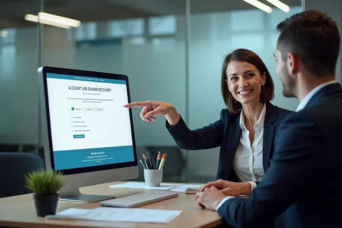 Conseillère immobilière aidant un client à résoudre un problème de connexion à son espace client en agence