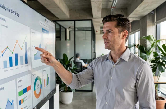 Consultant en développement d'entreprise présentant des services clés de croissance sur un écran interactif dans un espace de coworking moderne
