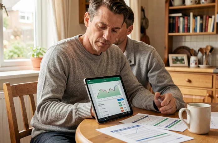 Homme consultant un tableau de bord de prix immobiliers locaux sur tablette à domicile avec des statistiques imprimées