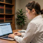 Femme consultant les mentions légales d'un site web sur un ordinateur portable dans un bureau professionnel