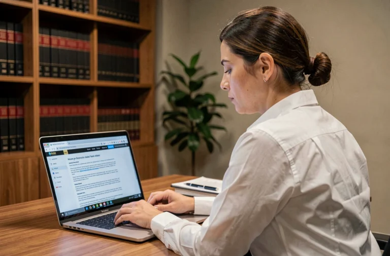 Femme consultant les mentions légales d'un site web sur un ordinateur portable dans un bureau professionnel
