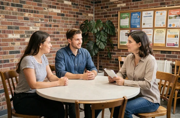 De jeunes parents échangent avec une professionnelle bienveillante autour d'une table dans un espace communautaire lors d'une consultation de soutien à la parentalité