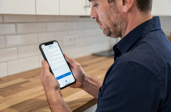 Homme utilisant son smartphone pour contacter Le Terrier De Lily via le formulaire en ligne