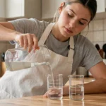 Jeune femme versant 400 ml de liquide dans des béchers gradués en centilitres sur un plan de travail en bois dans une cuisine moderne