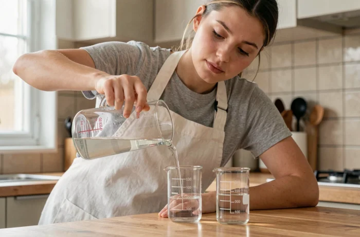 Jeune femme versant 400 ml de liquide dans des béchers gradués en centilitres sur un plan de travail en bois dans une cuisine moderne