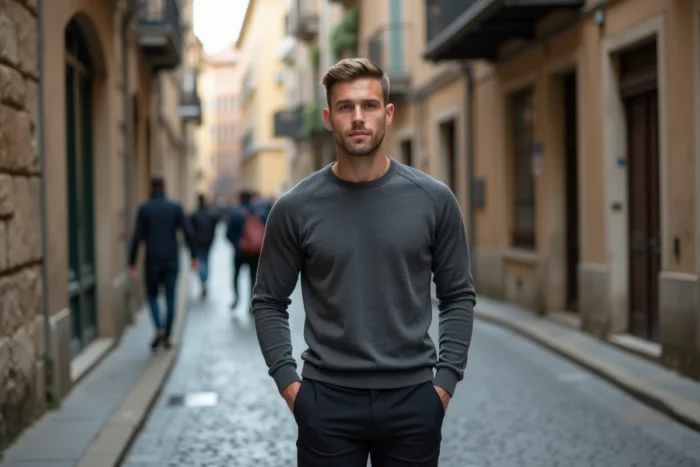 Homme aux cheveux coupés en tiper avec un dégradé net, posant dans une rue pavée d'un quartier européen historique