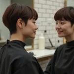 Jeune femme avec une coupe tiper parfaitement exécutée assise dans un salon de coiffure parisien moderne, vue en portrait trois quarts