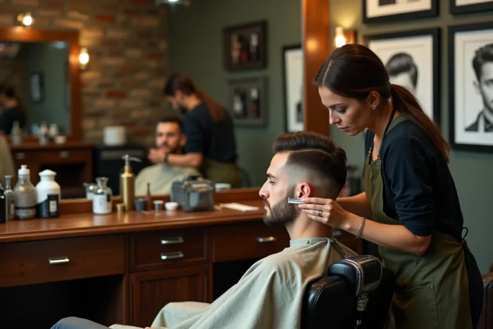Coiffeuse professionnelle utilisant un rasoir pour affiner la nuque effilée d'un client dans un salon de coiffure vintage au style barbershop