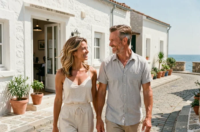 Couple satisfait sortant d'un salon de coiffure mixte dans une rue pittoresque de Capbreton en bord de mer