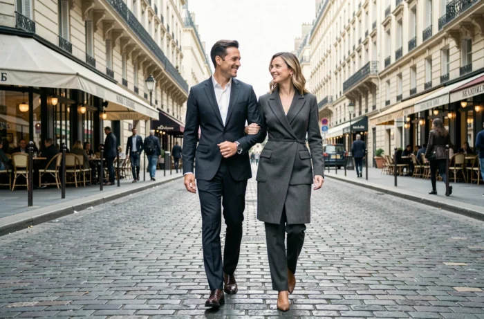 Couple élégant se promenant dans une rue pavée parisienne, évoquant la vie personnelle d'une personnalité médiatique française