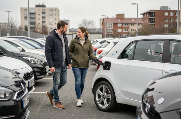 Couple en train de choisir une voiture électrique compacte sur un parking de concessionnaire, tendances automobiles 2024