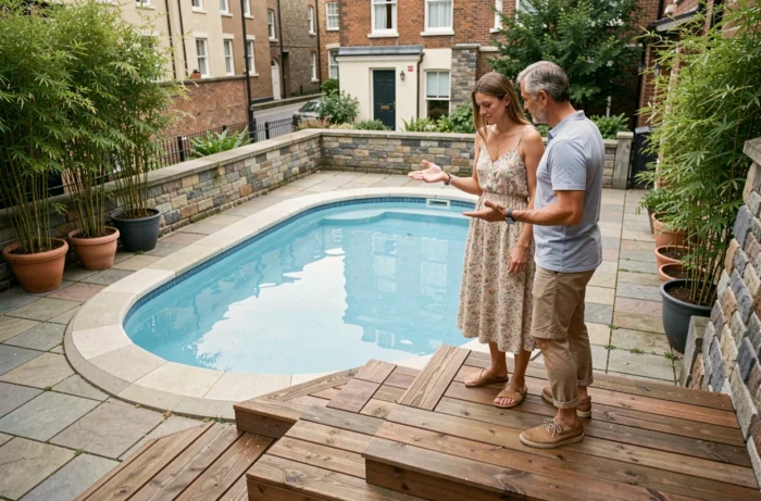 Couple évaluant les proportions d'une piscine ovale compacte intégrée dans un petit jardin urbain