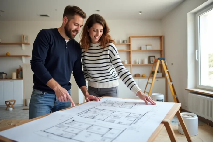 Couple étudiant un plan d'aménagement intérieur dans une pièce en cours de rénovation