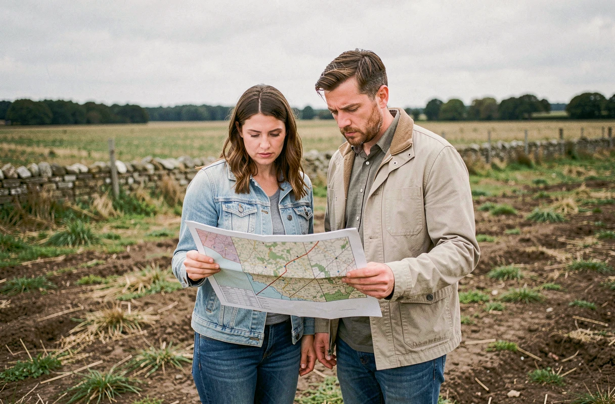 Couple consultant un plan cadastral sur un terrain non constructible en zone rurale lors d'une visite de terrain